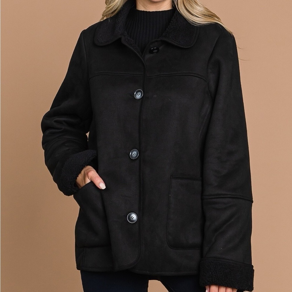 Black Faux Suede Jacket with Faux Fur Lining - Picture 2 of 6